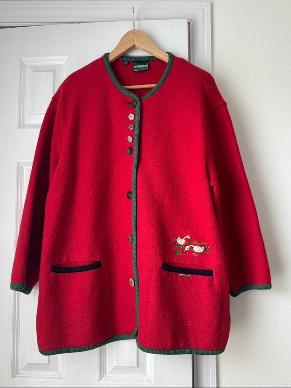 Geiger Red Boiled Wool Jacket Embroidered Geese Austrian Cardigan Coat 42